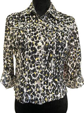 Ruby Rd. Womens Cropped Leopard Print Denim Jacket With 3/4 Sleeves & Button Clo